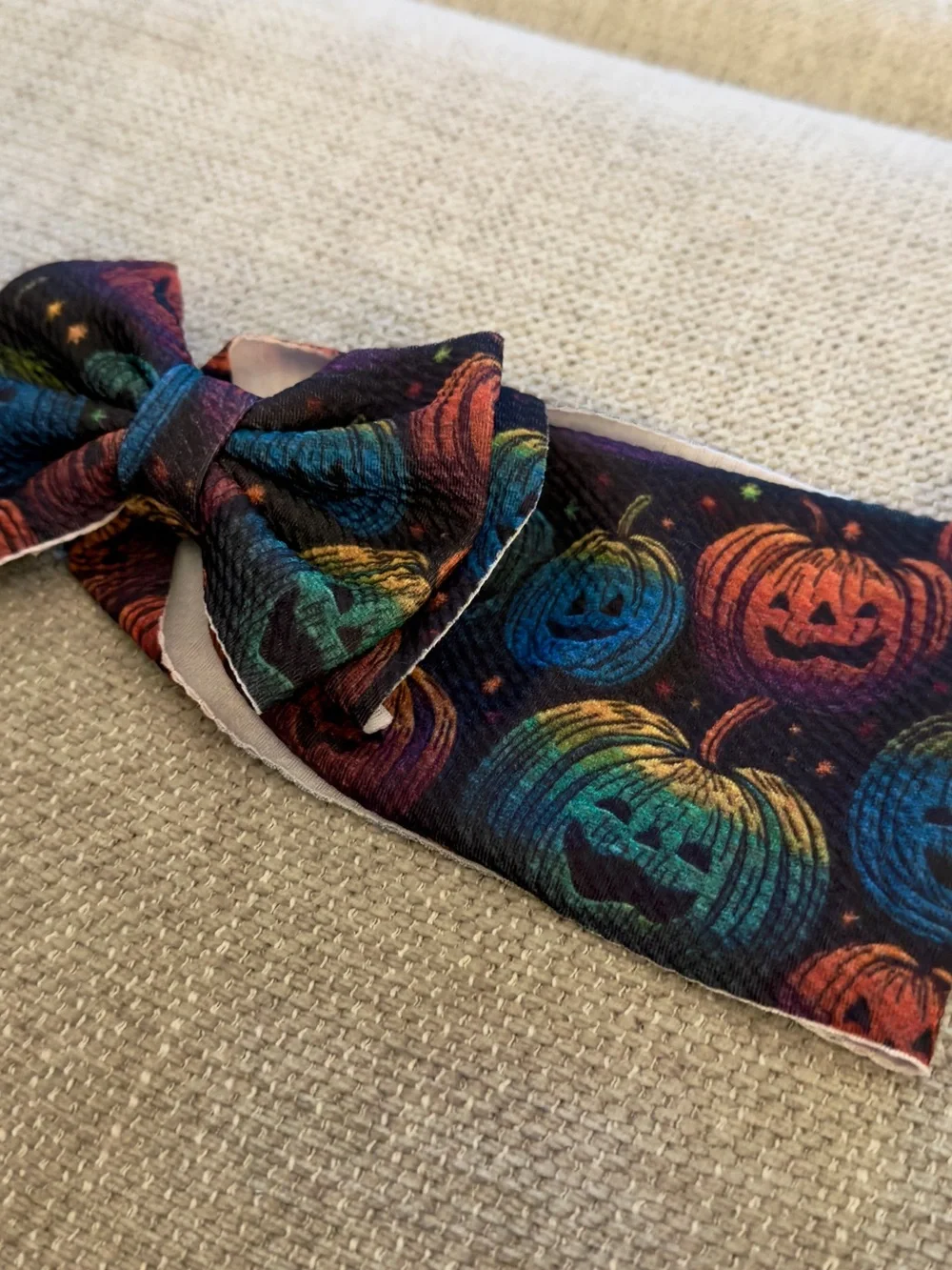 Baby Girl Halloween Pumpkin Print Headband Big Bow - Multicolor on Black